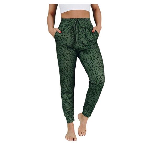 Green and Black Leopard Print Relaxed Fit Draw String Joggers Sweat Pants Medium - Picture 1 of 15